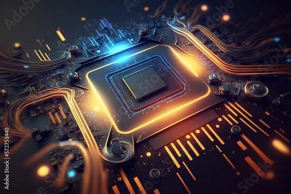 Fototapeta Futuristic microchip processor. Quantum computer, big data processing, database concept. Development of technologies of the future CPU and microprocessors for machine learning, ai