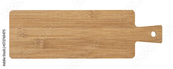 Obraz Long serving board cutout. Empty bamboo board with handle for serving food isolated on a white background. Modern kitchen utensil made of wood for food design. Cutting board.