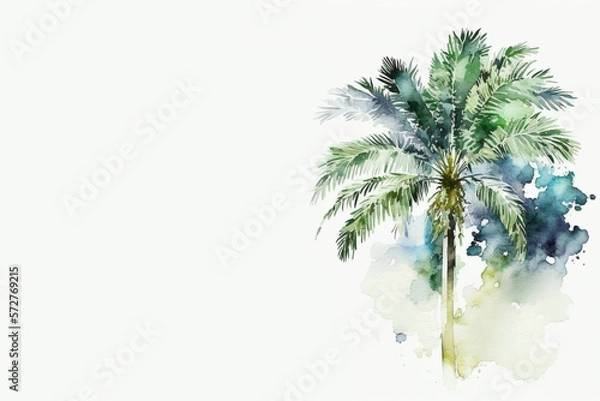 Obraz Palm Tree on Light Background with Copy Space, Casual Coastal Tropical Beach, Loose Splashy Watercolor Style [AI Generative]