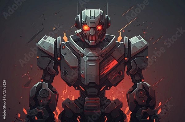 Fototapeta Robot with glowing eyes standing in front of a dark background 