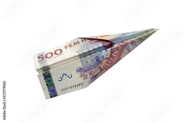 Fototapeta Money plane. Cash Swedish krona banknote folded into airplane isolated on white background. Express money transfer or bank payment. Travel cost in Sweden.