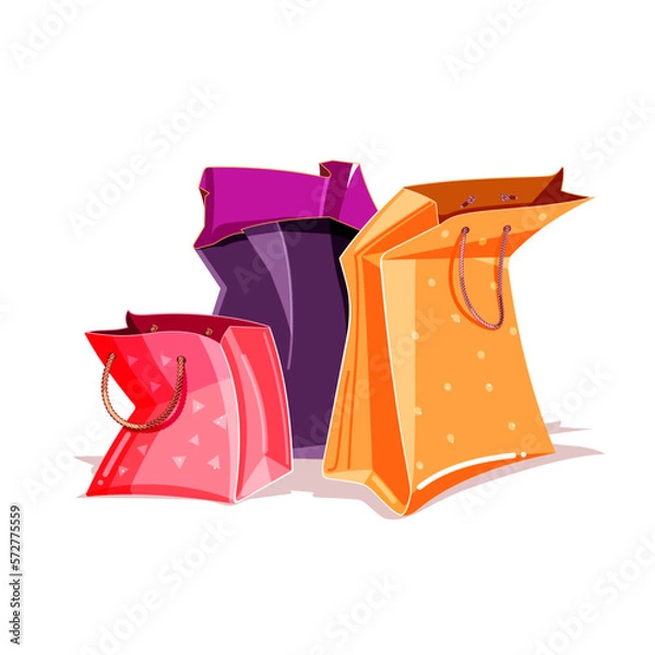 Fototapeta Colorful isolated paper bag on white background. Shopping flat cartoon vector illustration for poster, web design, banner, card, flyer, icon, logo or badge.