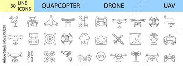 Fototapeta Drone, Quadrocopter line icons set. Fast delivery, remote control, propeller, city map navigation, action camera, radar screen, radio antenna