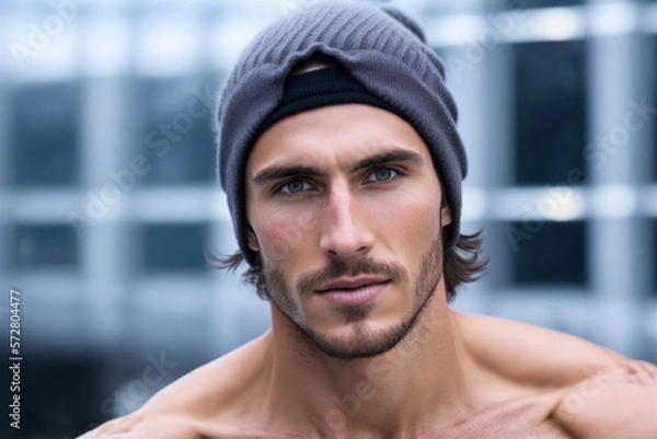 Fototapeta Attractive man wearing knit beanie hat, generative Ai