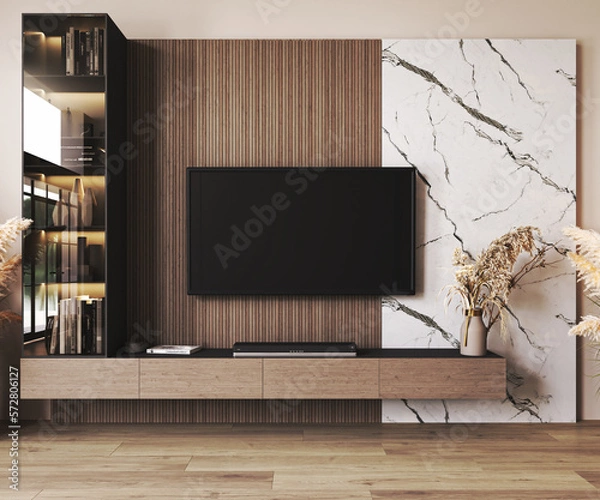 Fototapeta Classic luxury TV wall mock up with lighting. Modern interior of light beige living room with cabinet for tv on marble wall background. 3d rendering. High quality 3d illustration