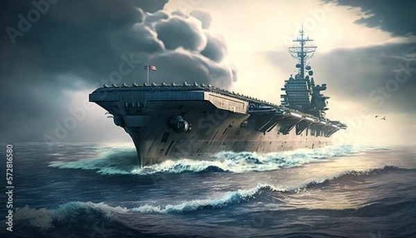 Obraz Military concept. Aircraft carrier crossing the ocean with Generative AI Technology.