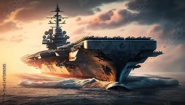 Obraz Military concept. Aircraft carrier crossing the ocean with Generative AI Technology.