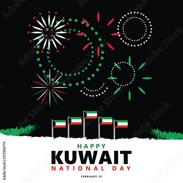 Fototapeta Kuwait national day vector illustration with national flag and fireworks within night sky.