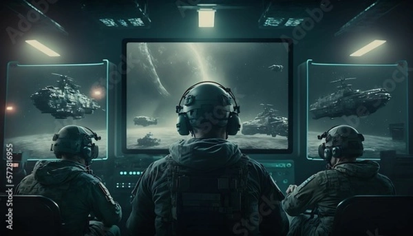 Fototapeta Military Concept. Military Surveillance Officers Work in the Headquarters Hub for Cyber ​​Control and Monitoring to Manage National Security with Generative AI Technology.
