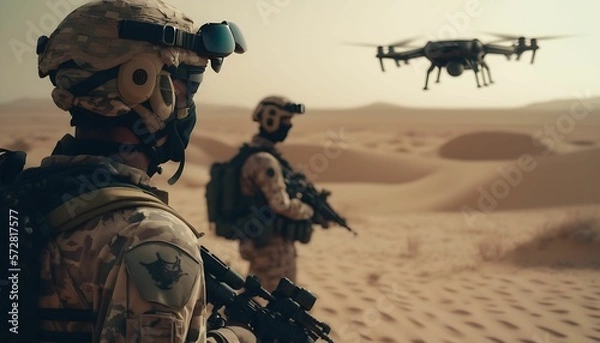 Fototapeta military with advanced drones of the future, to monitor the location of the enemy with Generative AI Technology.