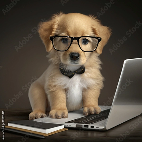 Fototapeta dog with glasses and laptop, Generative AI