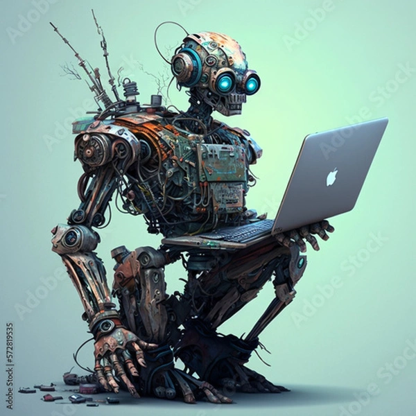Fototapeta robot cyborg with laptop, Generative AI