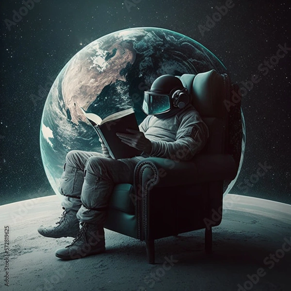 Fototapeta astronaut reading in space, Generative AI
