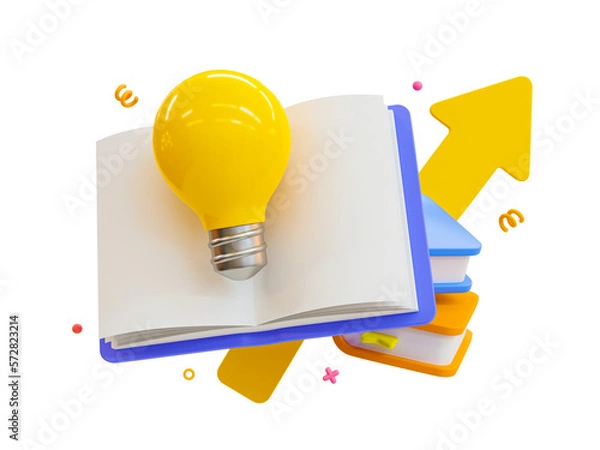 Fototapeta 3d minimal self-development concept. Self-learning concept. Reading a book to get a new idea. Knowledge seeking. Textbook with a light bulb. 3d rendering illustration.