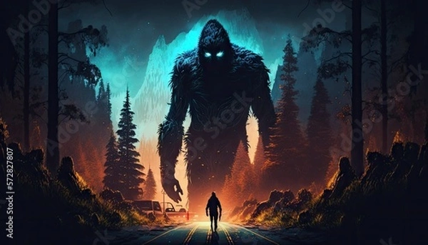 Fototapeta Cool, Epic, Artistic, Beautiful, and Unique Illustration of Bigfoot Animal Cinematic Adventure: Abstract 3D Wallpaper Background with Majestic Wildlife and Futuristic Design (generative AI)