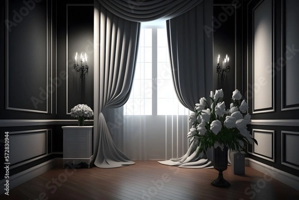 Obraz empty room with black curtains created using AI Generative Technology