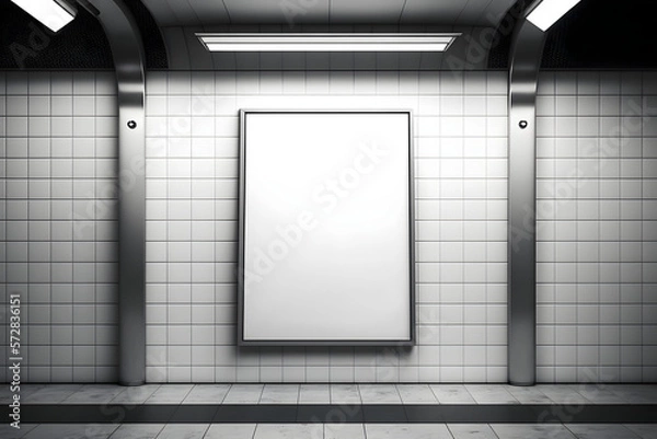 Fototapeta Blank white digital billboard black frame light box in subway station, empty poster advertisement on tile wall background for mockup, design, display, marketing