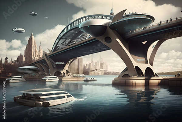 Fototapeta Futuristic deisng of the Sydney Harbour bridge, rainbows and colors all around, beautiful artistic vision of the iconic structure, amazing, a bit alien