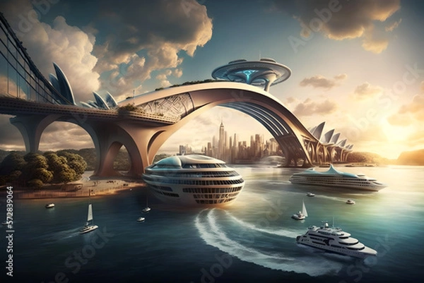 Fototapeta Futuristic deisng of the Sydney Harbour bridge, rainbows and colors all around, beautiful artistic vision of the iconic structure, amazing, a bit alien