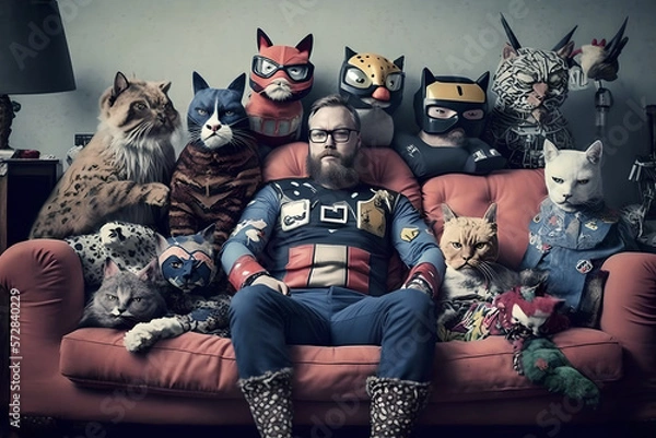Fototapeta A crazy cat person man sitting on a sofa with all his feline friends, hoards of cats real and stuffed toys, geeky and not ashamed of his love and affection to animals and pets, watching TV documentry