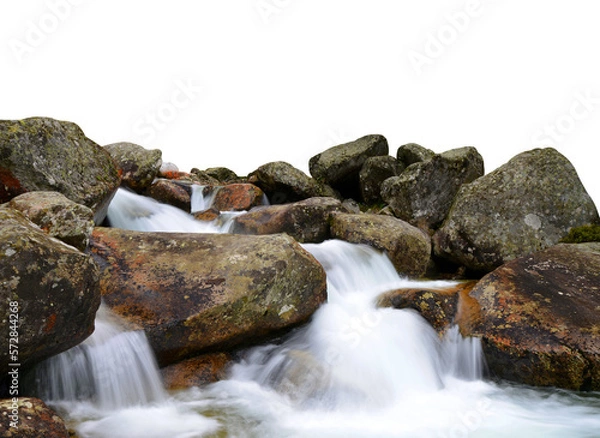 Fototapeta Waterfall on mountain stream isolated on transparent background, PNG.