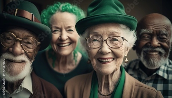 Fototapeta Beautiful Saint Patrick's Day Parade Celebrating Diversity Equity and Inclusion: Multiracial Elderly People in Festive Green Attire Celebration of Irish Culture and Happiness (generative AI)
