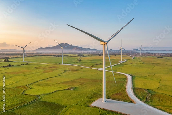 Fototapeta Panoramic view of wind farm or wind park, with high wind turbines for generation electricity with copy space. Green energy concept. Ninh Thuan, Vietnam
