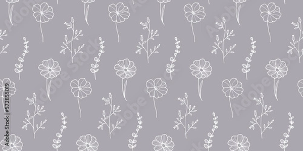 Fototapeta Minimalistic vector seamless pattern with flowers, eucalyptus, branches and leaves for textiles, covers, backgrounds, wrapping paper