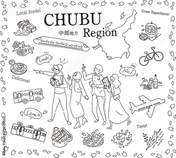 Fototapeta 日本の中部地方の春のグルメ観光を楽しむ観光客、アイコンのセット（線画白黒）