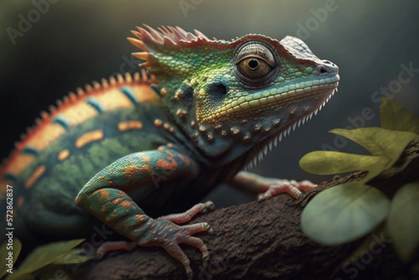 Fototapeta A realistic illustration of a close-up chameleon, symbolizing adaptability. AI generated.
