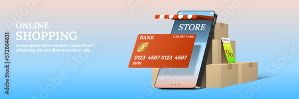 Fototapeta Online shopping smartphone store lean on parcel boxes with credit card and coupon