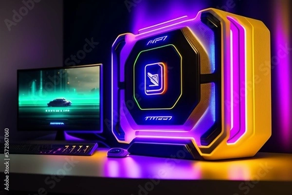 Fototapeta A gamer Gaming set up Cyberpunk , neon , futuristic , incredible quality 8k - Generative AI