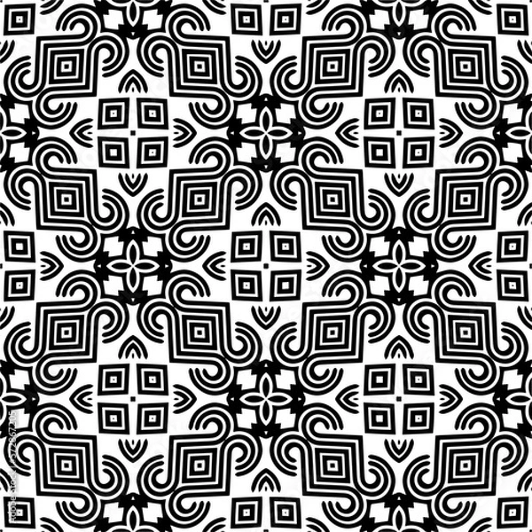 Fototapeta Vector geometric seamless pattern. Monochrome ornamental texture with smooth linear shapes, zigzag lines, lace pattern. Simple abstract ornament background. Dark repeat design for decor, fabric, cloth