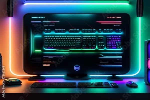 Fototapeta A gamer Gaming set up Cyberpunk , neon , futuristic , incredible quality 8k - Generative AI