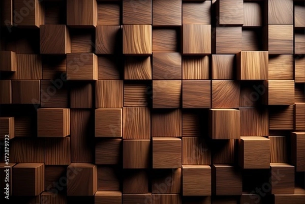 Fototapeta Constructing a square wall using tiles. Wooden, organic background made of smooth, rounded pieces. Generative AI