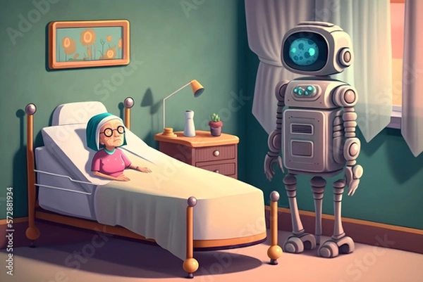 Fototapeta Geriatric care or old age health care with robot future technology. Generative AI