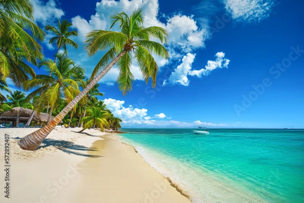 Fototapeta Tropical island beach shore with exotic palm trees, clear water of caribbean sea and white sand. Playa Bavaro, Saona, Punta Cana, Dominican Republic