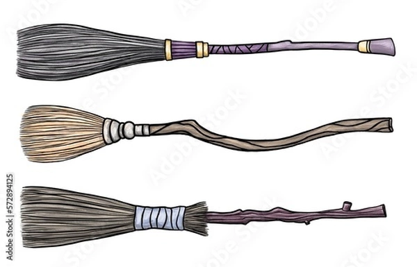 Fototapeta Set of three different magical wooden brooms. Halloween items. Wizard traditional vintage old attributes. Broomsticks. Hand drawn illustration isolated on a white background.
