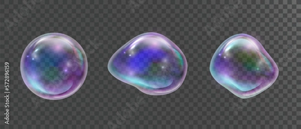 Fototapeta Realistic soap bubble with rainbow colors isolated on black background.Transparent soap bubble set