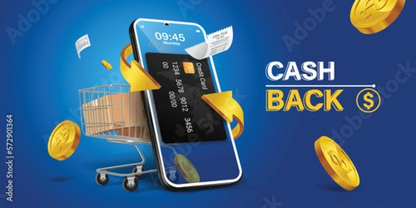 Obraz Cash back, money saving vector concept with dollar coins, wallet, arrows, credit card.Guarantee bonus program finance sticker. Online shopping, cash back sale offer emblem,Cash back service, financial