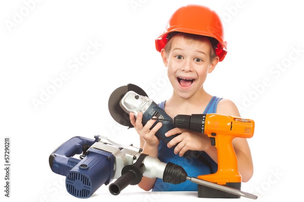 Fototapeta little boy with power tool kit
