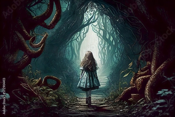 Fototapeta A girl from a fairy tale, walking through a dense forest. Generative AI