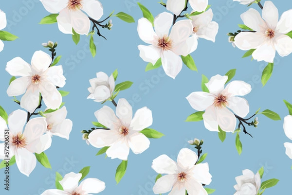 Fototapeta Vector magnolia flowers, leaves bouquet seamless pattern. Watercolor style spring hand-drawn illustration. Lovely wedding invite, Mother's Day, 8 march decoration. Background, fabric textile art print