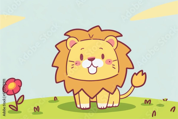 Obraz This playful illustration of a friendly lion with a nature background is perfect for kids. The charming and approachable style of the lion evokes a sense of adventure, while the soothing nature