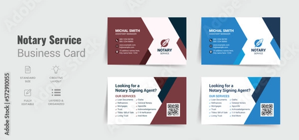 Fototapeta Notary service business card template with creative layout. Notary public signing agent visiting card design