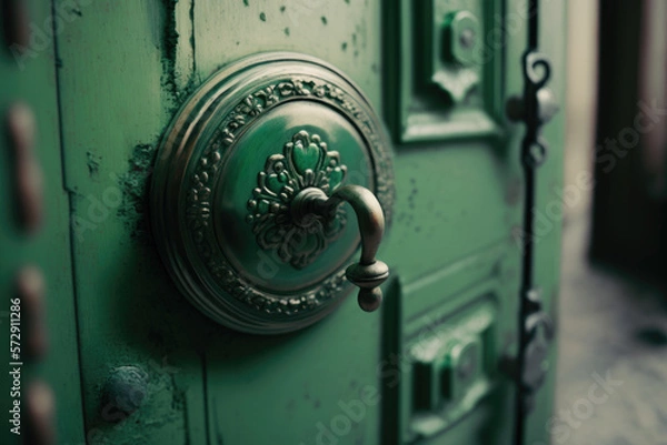 Fototapeta Green door with handle and lock. Illustration Generative AI