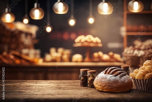 Fototapeta Bakery background with a blurry effect and freshly baked bread on table at the foreground. Generative AI.
