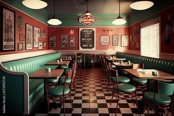 Fototapeta Retro American Restaurant Interior with Tables, sofas. Generative AI