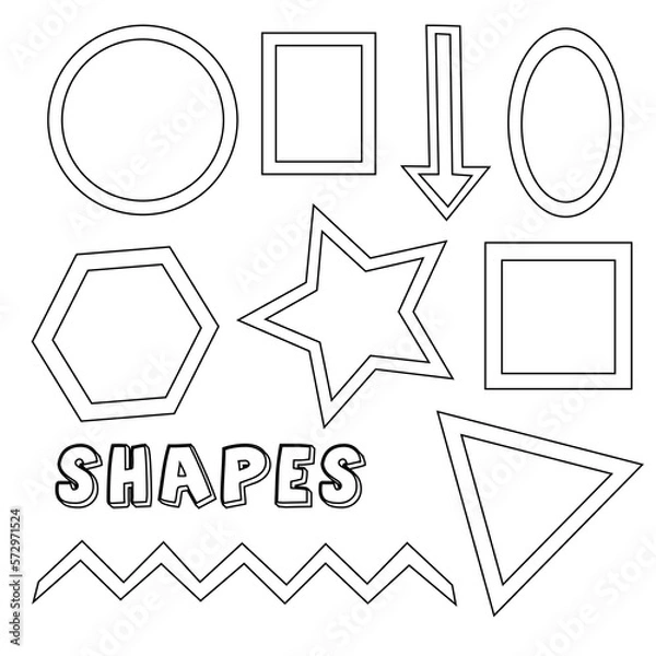 Fototapeta An assortment of different shapes outlined in black read to fill in colors of choice all isolated on white background.