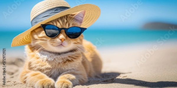 Fototapeta Chat à la plage. Vacances été. Chaton assis sur une plage de sable blanc. Generative AI